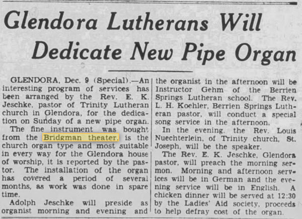 Bridgman Theatre - 09 Dec 1932 Article On Organ (newer photo)